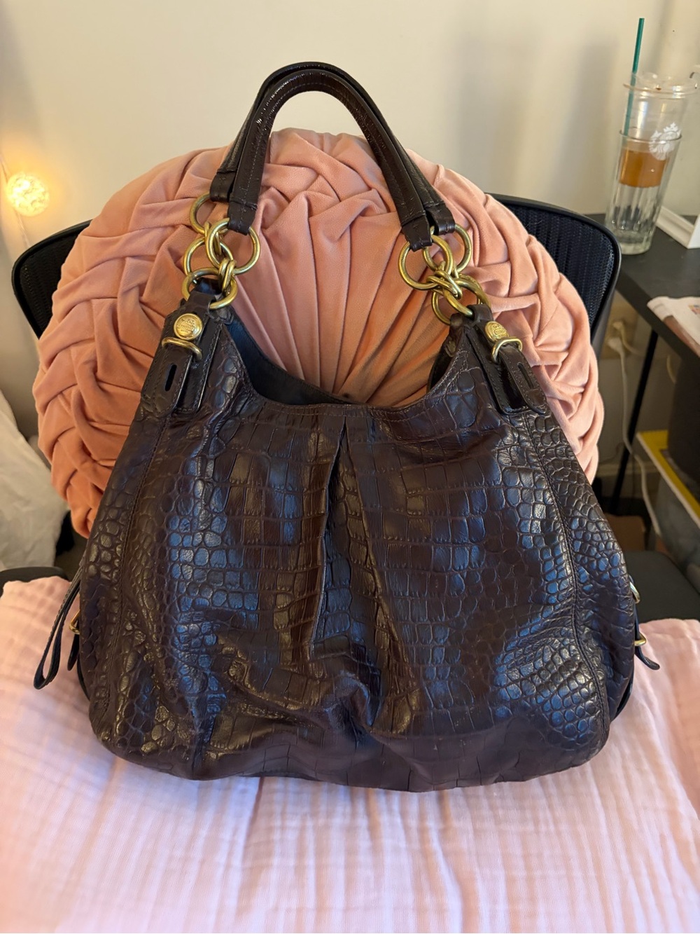 Coach Dark Brown Croc-Embossed Leather Shoulder Bag